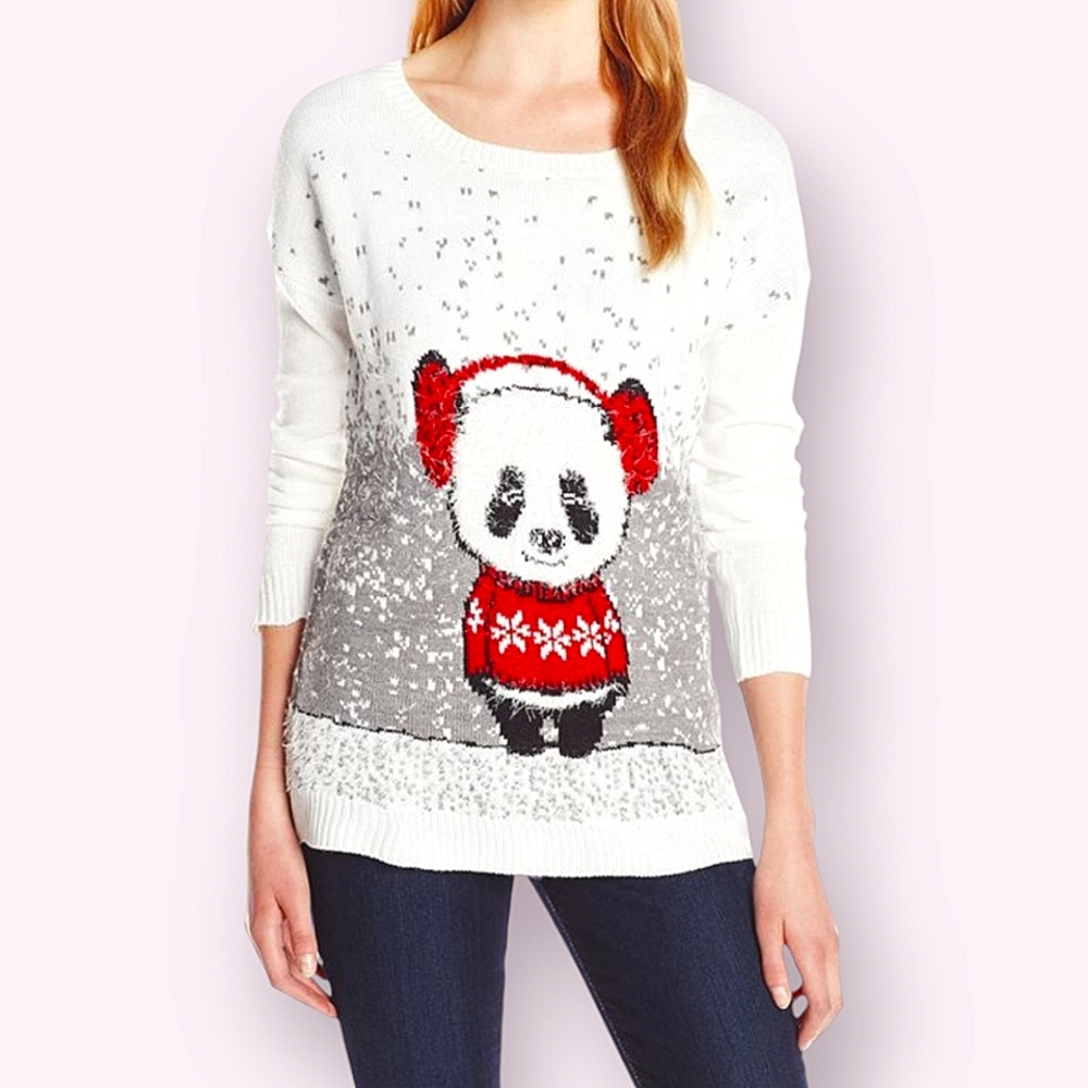 KIM ROGER'S | Women's white with holiday panda eyelash-knit sweater.
